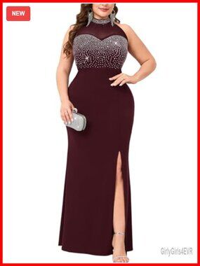 Plus Size Rhinestone Bodice Halter Maxi Dress High Slit Evening Gown